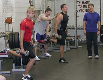 Lowdnes County football athletes building speed strength with single leg jump lunges
